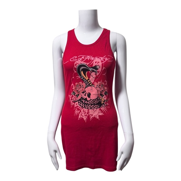 Ed Hardy Red Ribbed Bodycon Dress Size Small Americana Indie Sleaze - Picture 2 of 10